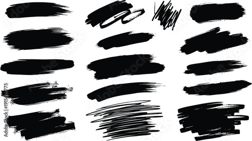 A collection of black brush strokes on a white background for artistic and design purposes