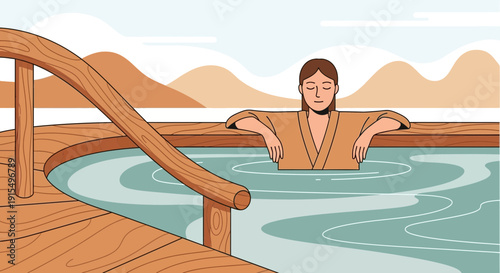 Serene Woman Immersed In Outdoor Hot Spring Seeking Relaxation And Wellness