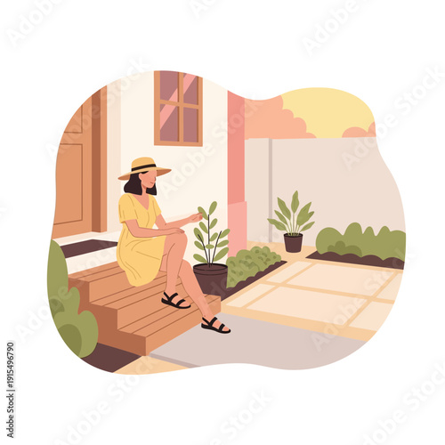 Serene Woman Relaxing On Front Porch Enjoying Warm Afternoon Sun