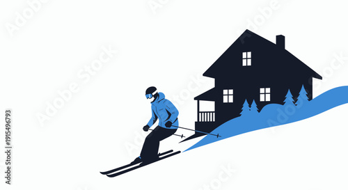 Skiing Downhill Near Cozy Mountain Chalet With Winter Forest Scenery