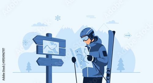 Skiing Adventure Navigational Choices In Snowy Mountain Scenery