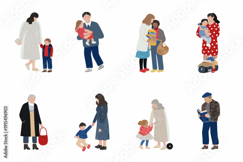 Vector illustration depicting diverse families and individuals in various casual poses