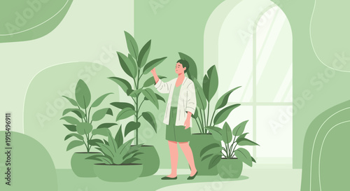 Serene Woman Tending To Lush Houseplants Indoors