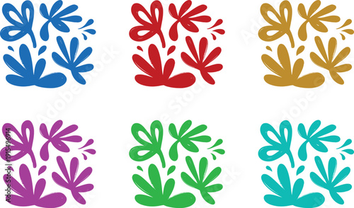 A colorful arrangement of six identical floral patterns in different vibrant hues on a white background