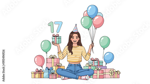 Illustration of a young woman celebrating her 17th birthday with colorful balloons and gifts on a white background.