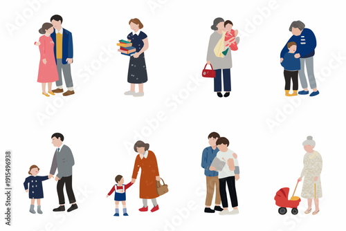 Illustration of diverse families in various configurations standing and interacting together