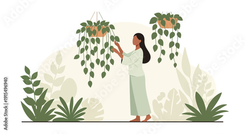 Serene Woman Tending To Lush Hanging Potted Plants In A Tranquil Botanical Setting