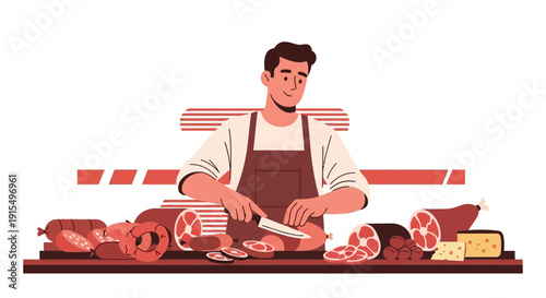 Skilled Butcher Preparing Sliced Cured Meats and Cheeses For Customers