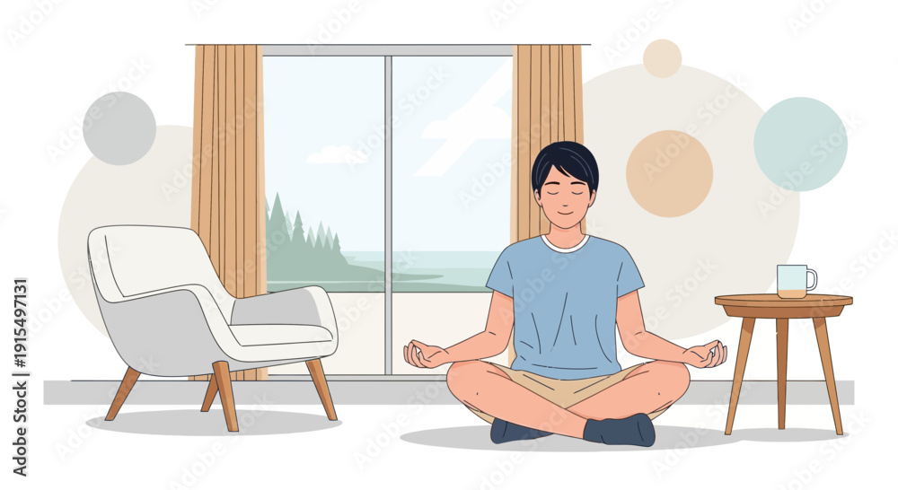 Fototapeta premium Serene Young Man Meditating Calmly At Home By A Large Window