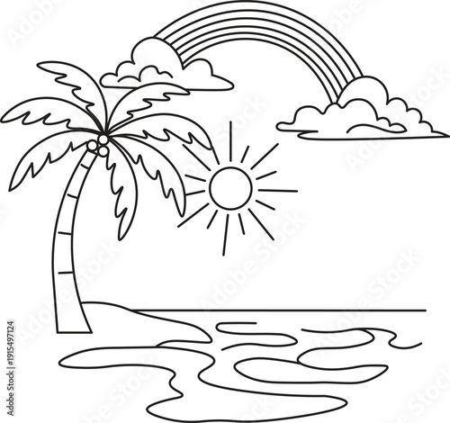 Tropical Beach Scene Line Art, Palm Tree, Sun, Rainbow, and Shoreline Illustration