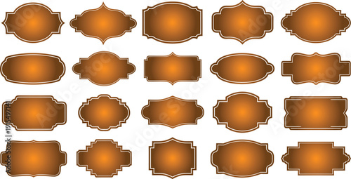 A collection of golden label designs on a white background for branding and packaging purposes