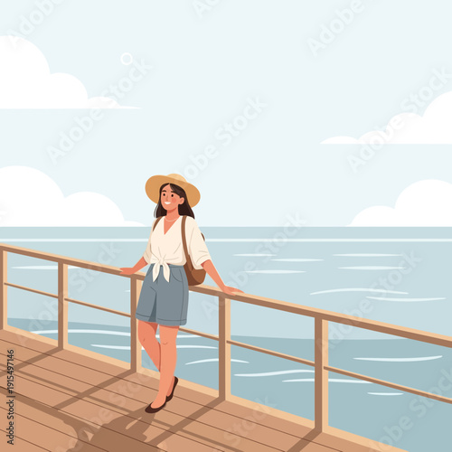 Serene Young Woman Enjoying Coastal Breeze on Wooden Pier Scenic Ocean View