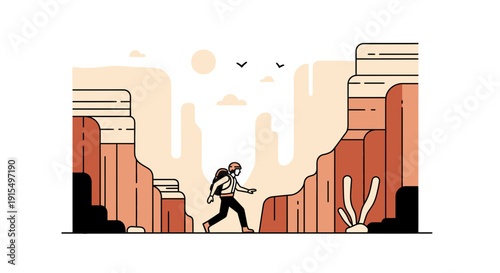Solitary Hiker Navigates Majestic Desert Canyon Landscape
