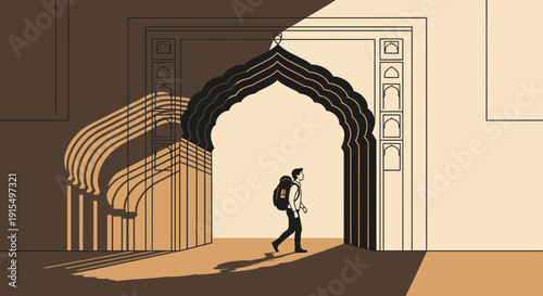 Solitary Traveler Enters Ornate Gateway With Backpack