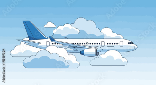 Sleek Airplane Navigating Through Puffy Clouds