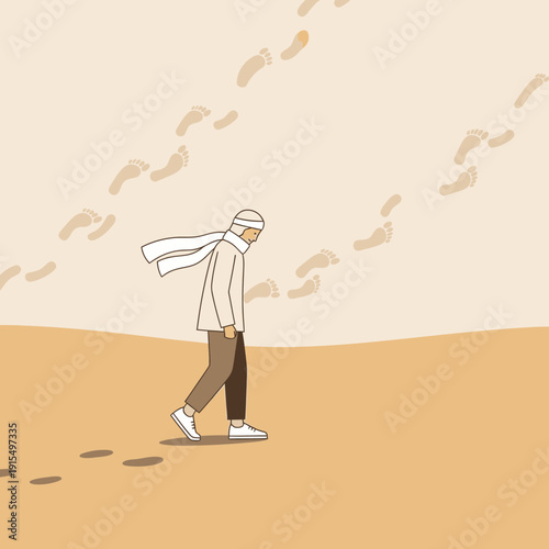 Solitary Traveler Walking Through Vast Sandy Expanse Leaving Footprints Behind