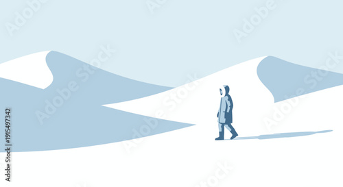 Solitary Traveler Navigates Expansive Snowy Landscape