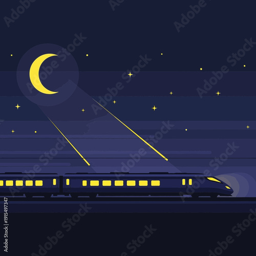 Sleek Modern Train Travels Under a Celestial Night Sky