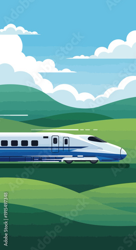 Sleek Bullet Train Speeds Through Lush Green Countryside Under Blue Sky