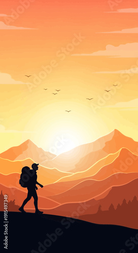 Silhouette Hiker Ascending Majestic Mountain Peaks at Golden Hour Sunrise