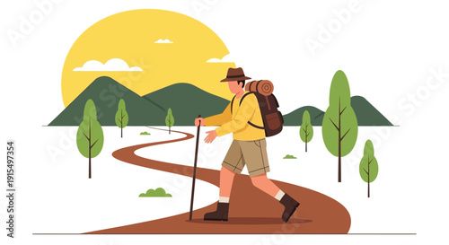 Solitary Trekker Navigates Scenic Winding Trail Underneath A Bright Sun