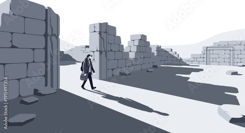 Solitary Wanderer Among Ancient Ruined Walls Under Bright Sun