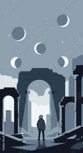 Solitary Wanderer Contemplates Ancient Ruins Under A Celestial Display
