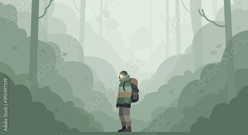 Solo Adventurer Exploring a Misty Forest Path