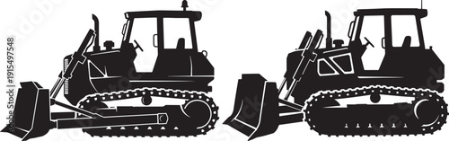 Pair of Powerful Bulldozer Silhouettes on Tracks, Symbolizing Construction, Heavy Machinery, or Earthmoving