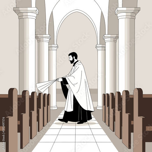 Solemn Cleric Walks Down Sanctuary Aisle Awaiting Congregation