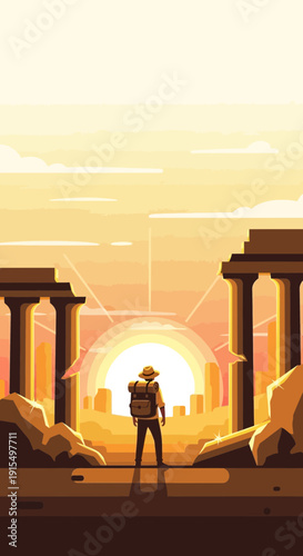 Solitary Explorer Gazes Upon Ancient Sunlit Ruins With Distant Cityscape