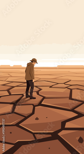 Solitary Explorer Navigating Arid Cracked Earth Landscape With Hope