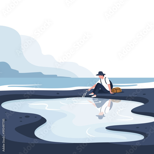 Solitary Figure Contemplating Still Water Reflecting Sky and Landscape