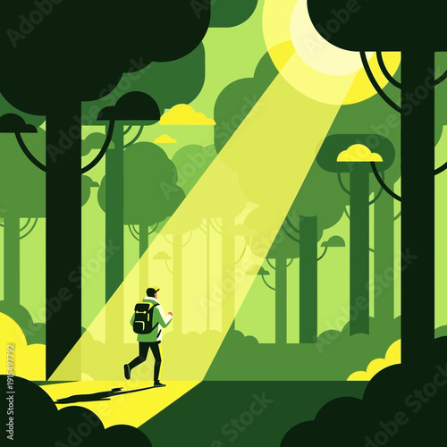 Solo Explorer Navigates Sunlit Forest Path Discovering Nature's Serenity