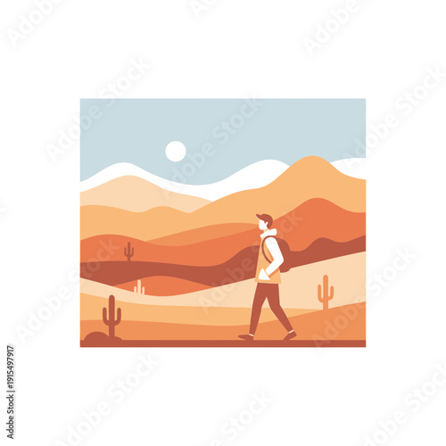 Solo Hiker Explores Vast Desert Landscape Under Arid Sun