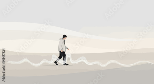 Solitary Figure Navigates Abstract Snowy Landscape