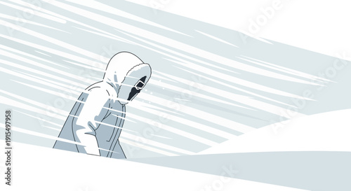 Solitary Figure Navigating A Stark Winter Blizzard Landscape