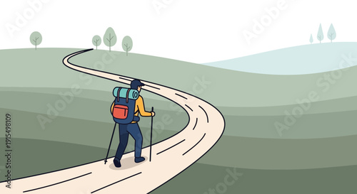 Solo Traveler Embarking On A Winding Path Through Rolling Hills