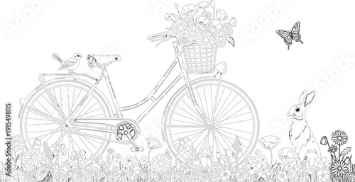 Vintage bicycle with flower basket in meadow line art vector illustration featuring butterfly rabbit bird and wildflowers for coloring page or spring garden background.