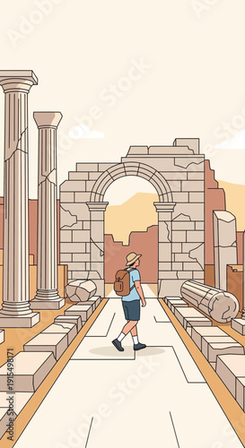 Solo Traveler Exploring Ancient Architectural Ruins Under Warm Hues