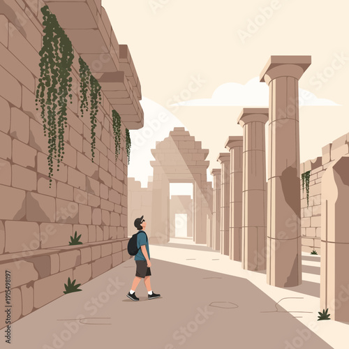 Solo Traveler Explores Ancient Stone Ruins Under Muted Sunlight