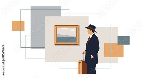 Sophisticated Gentleman Admiring Artwork in Minimalist Gallery Setting