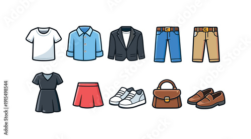 Fashion, clothing flat icon set for wardrobe, apparel, outfit planning visuals