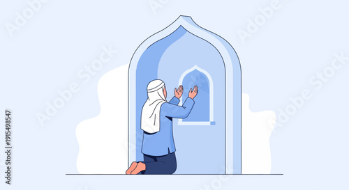 Spiritual Devotion Praying Figure Inside Abstract Architectural Archway