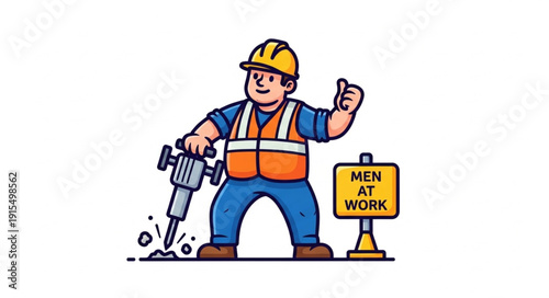 Construction Worker with Jackhammer and Sign.