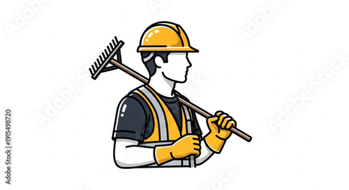 Construction Worker with Rake Tool.