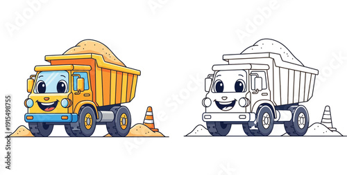 Cute cartoon dump truck with sand load vector illustration. Colorful and black and white outline version for coloring book page. Funny construction vehicle character for kids education.