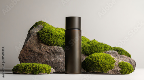 Brown skincare bottle on stone surrounded by green moss, minimalistic eco-friendly product mockup. Natural beauty concept with gray background. Generative AI