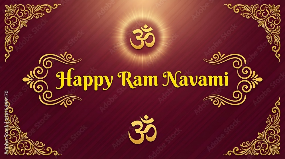 Naklejka premium Traditional Maroon & Gold Ram Navami Invitation Sacred Festive Design. 