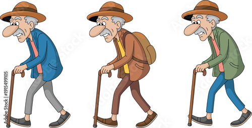 Cartoon old man walking with cane, senior grandfather character set in different outfits, elderly male traveler illustration, funny aged person isolated on white.
